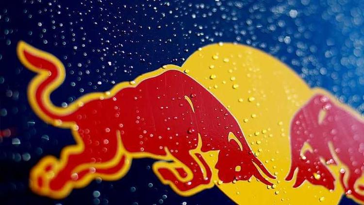 Red Bull logo on a can with condensation