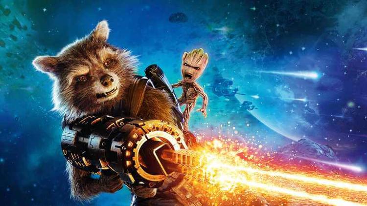 Picture of Rocket Racoon firing a laser gun with Baby Groot on his shoulder